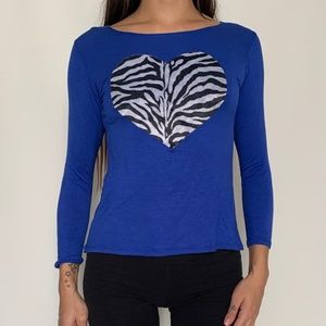 Lori & Jane Y2K Blue Long Sleeve Top Zebra Heart Patch Graphic